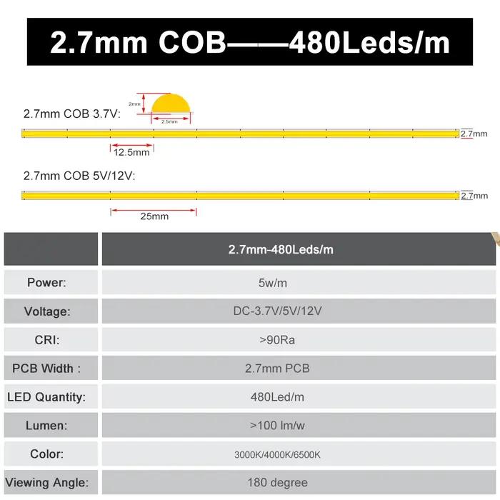 Bande LED COB Ultra fine de 2.7mm, 480 diodes/m, haute densité, Flexible, Super mince, lumière FOB,