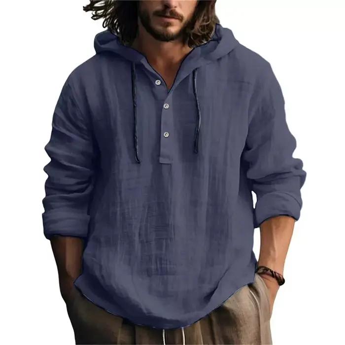 2025 nouveaux hommes blouse décontractée coton lin chemise hauts amples à manches longues t-shirt pr