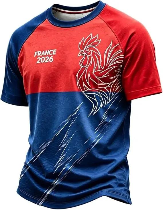 Tshirt football France 2026 motif coq gaulois imprimé manches raglan couleurs drapeau français pour enfants et adultes occassions spéciales