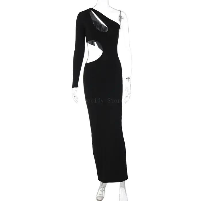 Robe longue sexy à épaules dénudées avec ourlet irrégulier, design évidé, devant rond, document soli