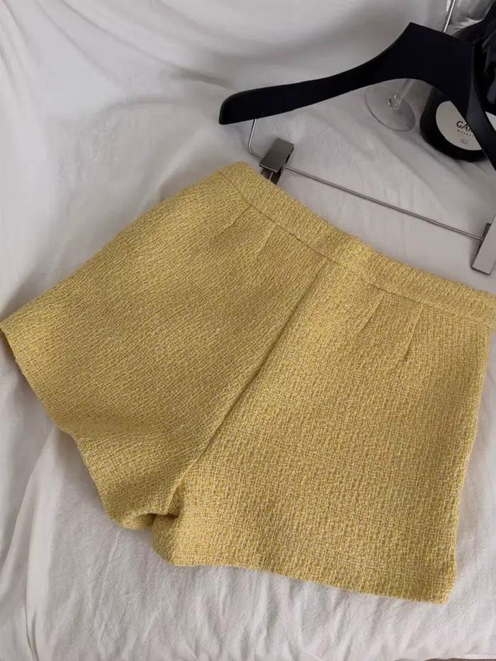 Haut de gamme élégant femme Tweed veste manteau + taille haute Shorts ensemble femmes français mince