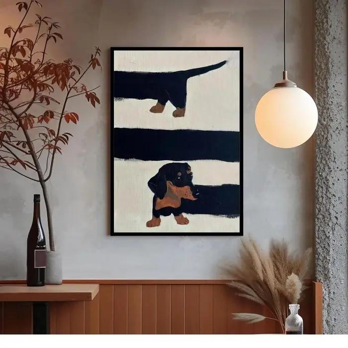 Art mural ludique pour chiens de style mid-century - Impression texturée en impasto de teckels curieux