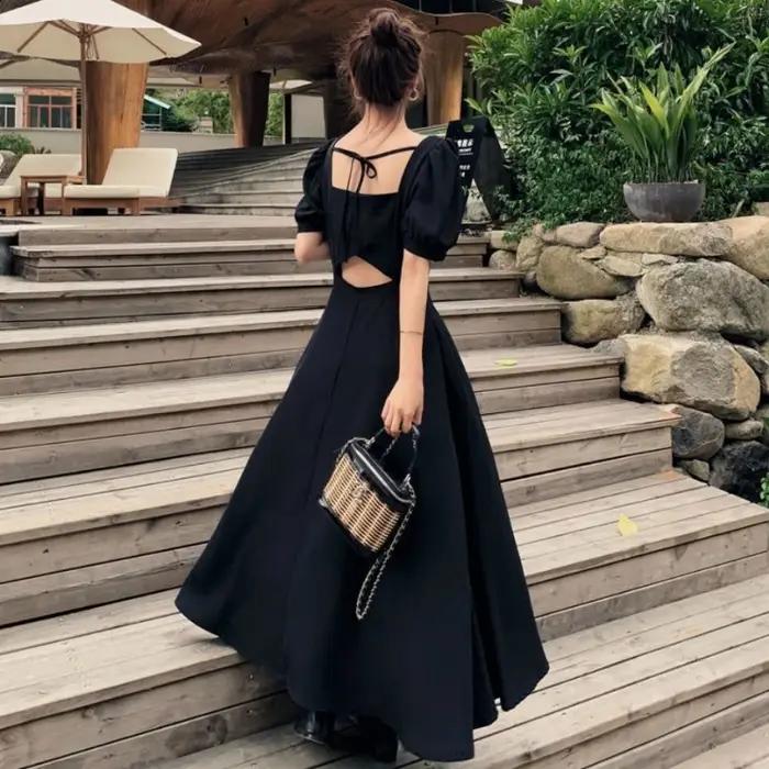 Robe Chic Vintage Noire pour Femme Style Vintage Coréen Occasions Spéciales Elégante Bouffante Mi-Mollet