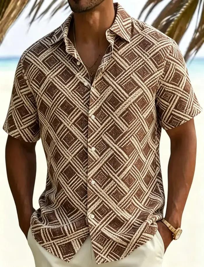 Chemise homme à manches courtes imprimée motif totem géométrique style décontracté pour été et quotidien