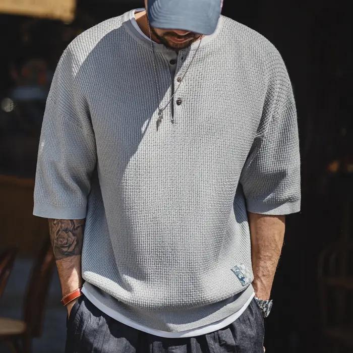 Maden Vintage Boro Style manches courtes Henley chemise hommes été gris coupe ample t-shirt tricot décontracté rue polyv