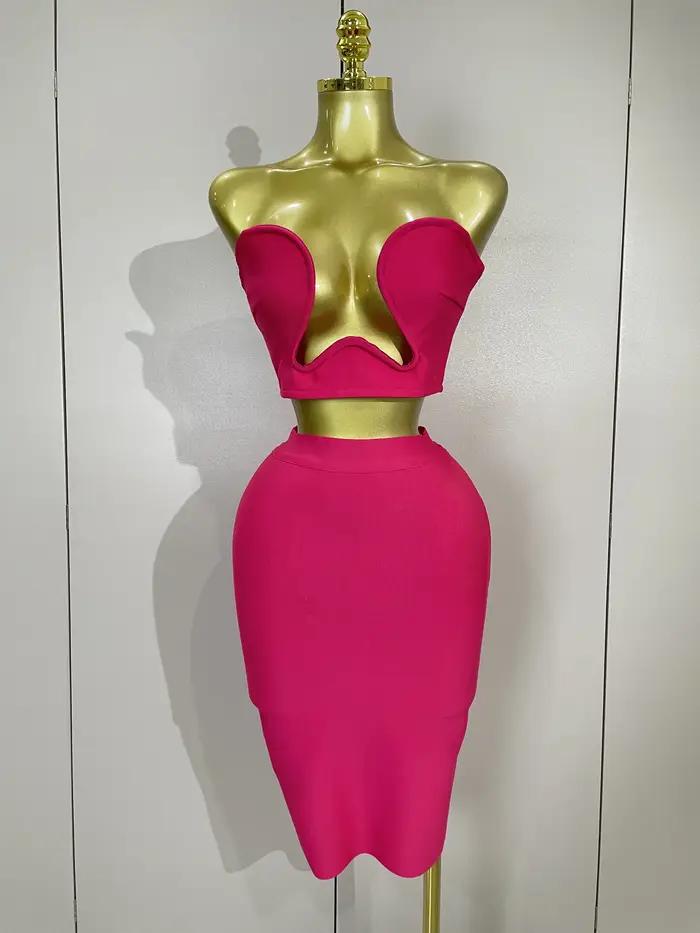 2025 Femmes Sexy Bretelles Dos Nu Noir Bandage Deux Pièces Costume Célébrité Designer De Mode Robe D'anniversaire Soirée