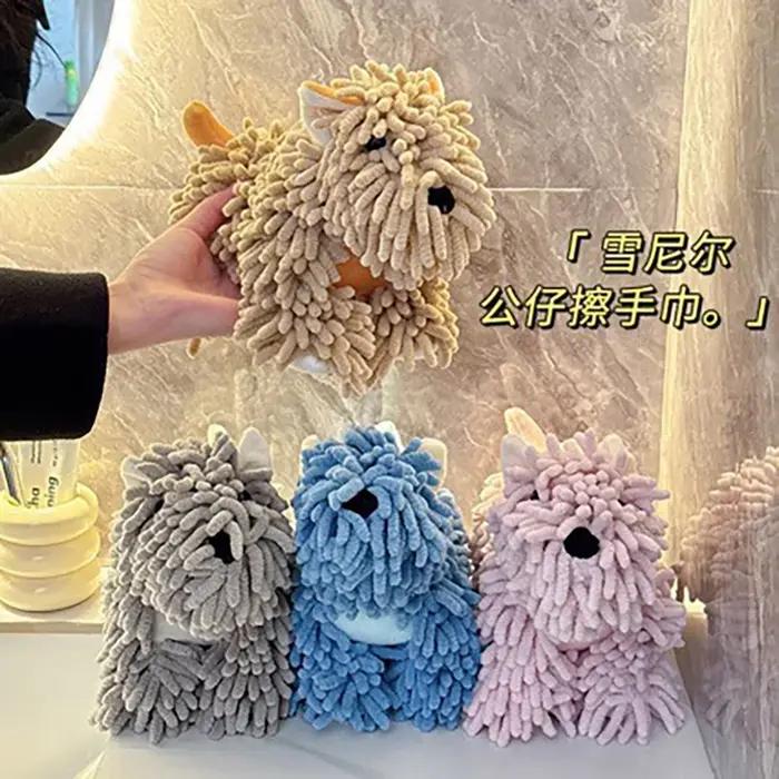 Serviette à main en chenille en forme de chien de dessin animé mignon, serviette absorbante suspendue pour la cuisine et la salle de bain