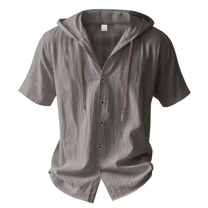 Chemise en coton et lin pour homme à capuche, décontractée, respirante, avec cordon de serrage, manches courtes, solides et élégantes pour l'été et les occasions décontractées