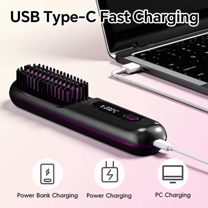 Brosse à lisser les cheveux, peigne à lisser ionique sans fil Rechargeable pour coiffer, avec 3 régl