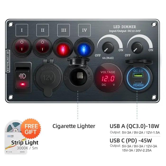 Interrupteur à bascule multifonctions panneau en aluminium haut de gamme variateur LED 12V 24V chargeur USB QC3.0 pour camping-cars voitures bateaux et maisons modernes