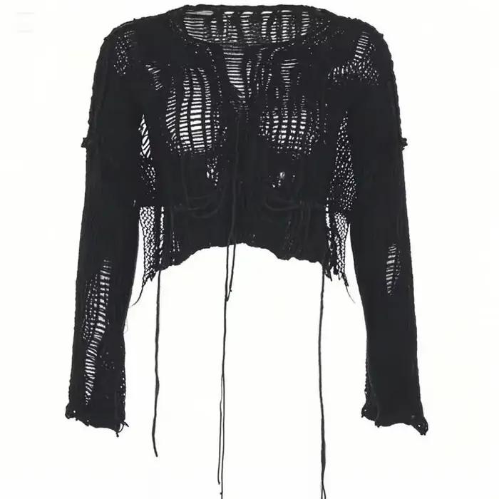 Y2k recadrée trou pull Sexy Gyaru évider tricot pulls Goth coréen à manches longues pull été mode pu