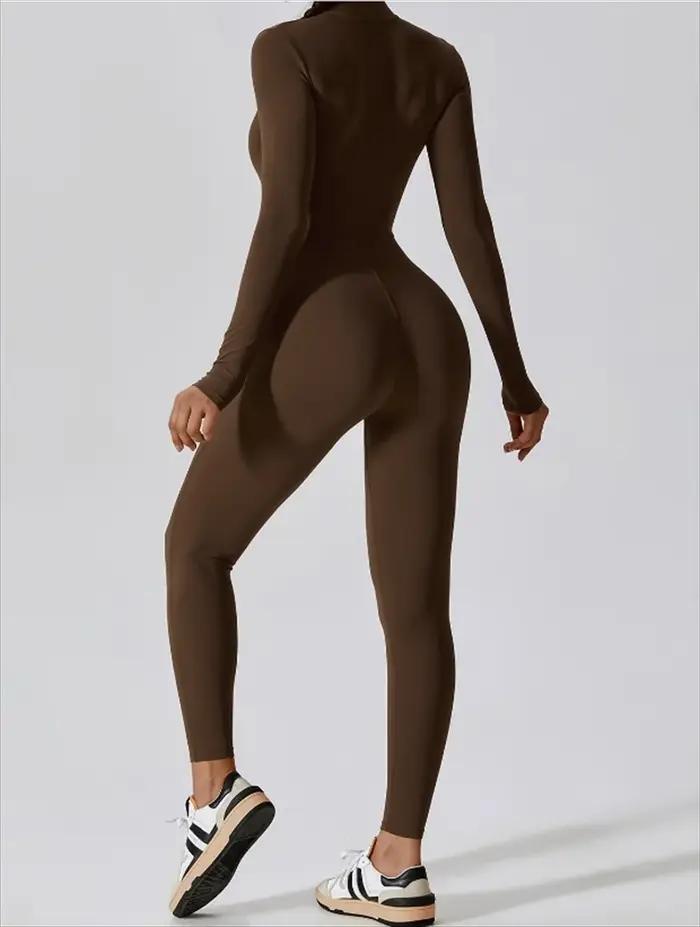 Combinaison de yoga longue intégrée à demi-zip, couleur unie, sexy, manches longues, vêtements de sp