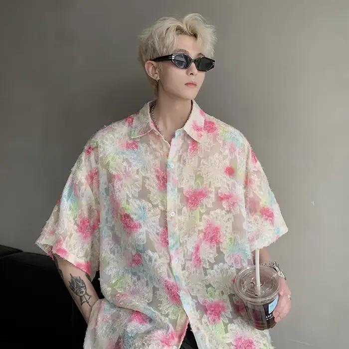 Chemises florales transparentes pour hommes, beau streetwear d'été fin, chemise adt décontractée, vêtements respirants à manches courtes, mode