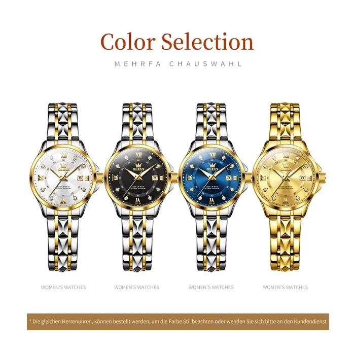 Montre femme OLEVS luxe or petit cadran - Étanche acier inoxydable bracelet losange date