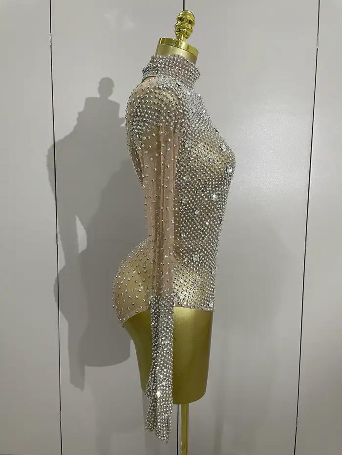 Gants à manches longues avec strass scintillants, body extensible pour femmes, soirée de luxe, fête