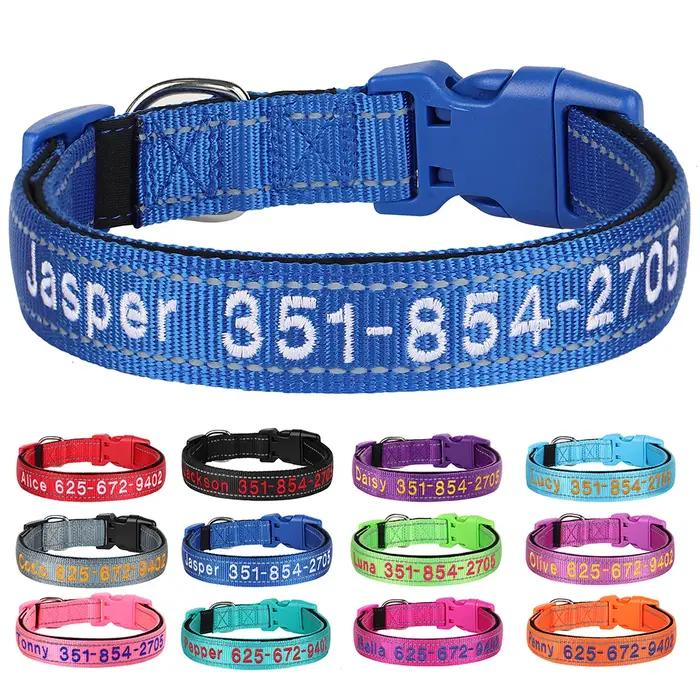 Collier personnalisé en nylon réfléchissant pour chiens et chats, nom et numéro de téléphone, sécurité pour petites et grandes races, collier brodé pour animaux de compagnie
