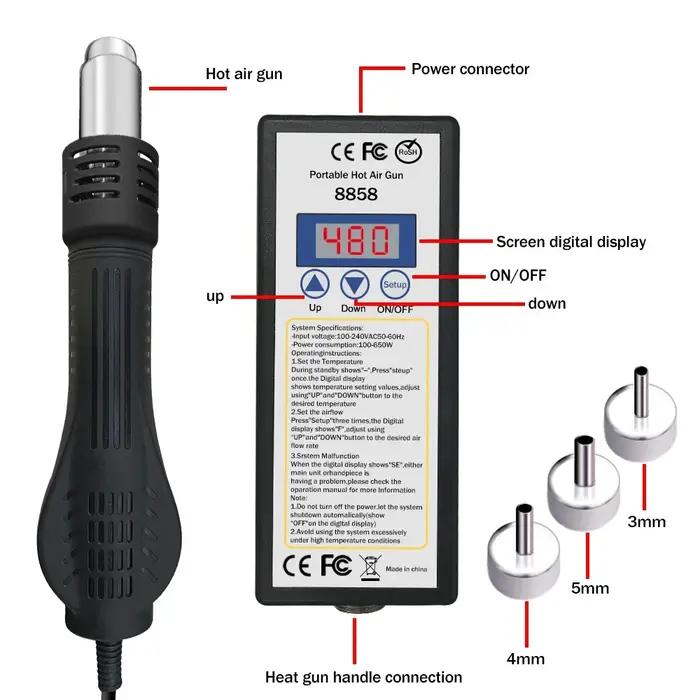 Pistolet à air chaud 8858 Micro station de soudage de retouche LED sèche-cheveux numérique pour le s
