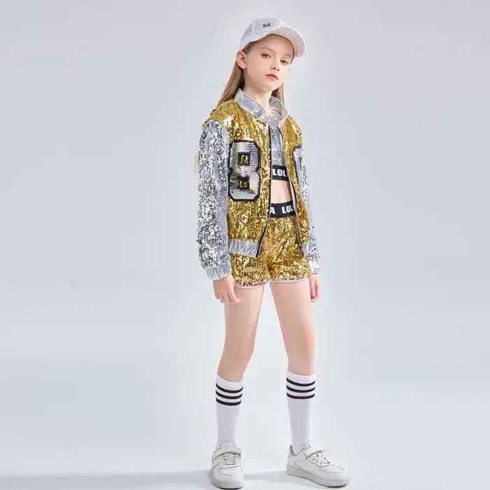 LOlanta 4-14 ans filles rose paillettes Crop Tops short veste Costume de danse Hip Hop moderne Jazz