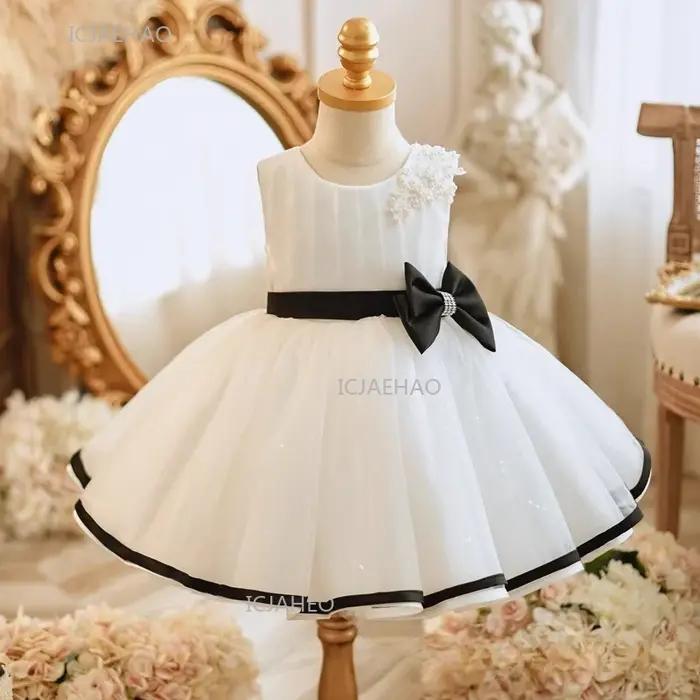 Robe de soirée noire avec nœud et ceinture pour enfants, idéale pour la scène, célébration des 100 j