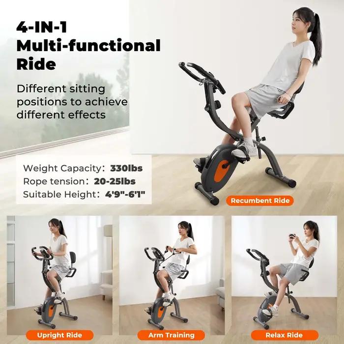 Vélo d'exercice pliant avec capteur d'impulsions et moniteur LCD, vélo incliné avec bras, bandes d'i