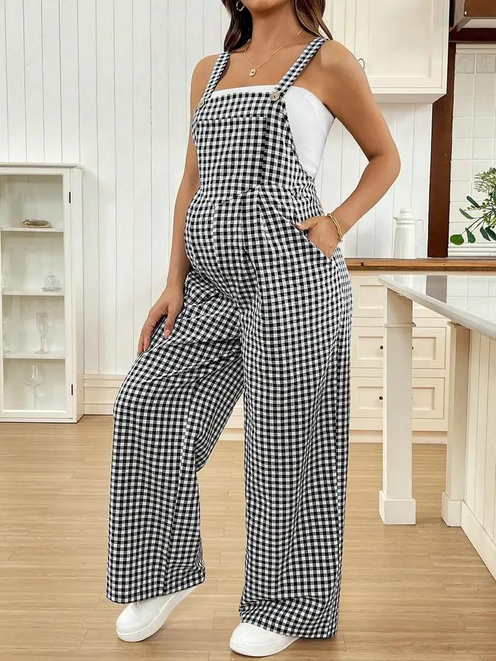 Combinaison ample à carreaux pour femmes enceintes, salopette décontractée à jambes larges pour la maternité, printemps-été