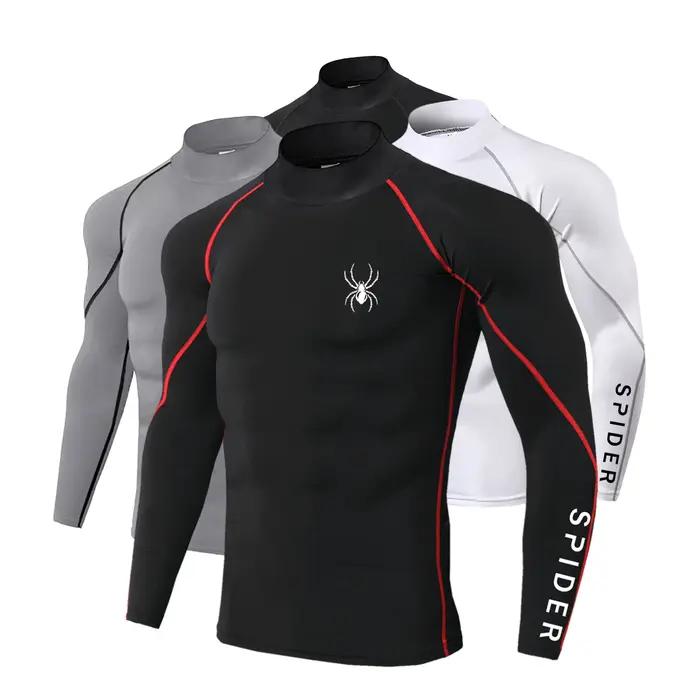 T-shirts de course à manches longues pour hommes, chemises de Sport à Compression, impression araign