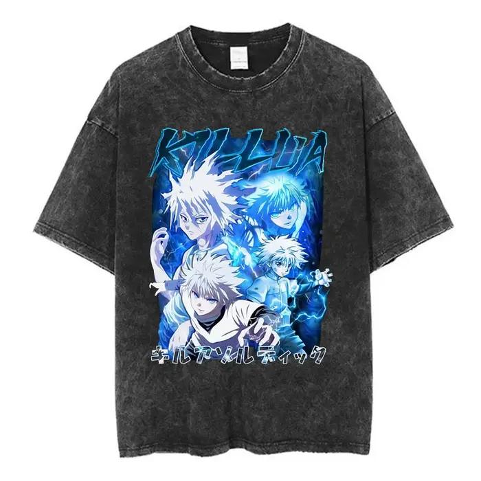 Anime Hunter X Hunter Logo Vintage lavé T-shirt Killua Gon fleur de cerisier graphique T-shirt hommes mode décontracté surdimensionné T-shirt