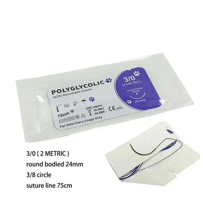 12 pièces de fil de suture résorbable PGA spécifique pour animaux de compagnie, 75 cm, 90 cm, avec a