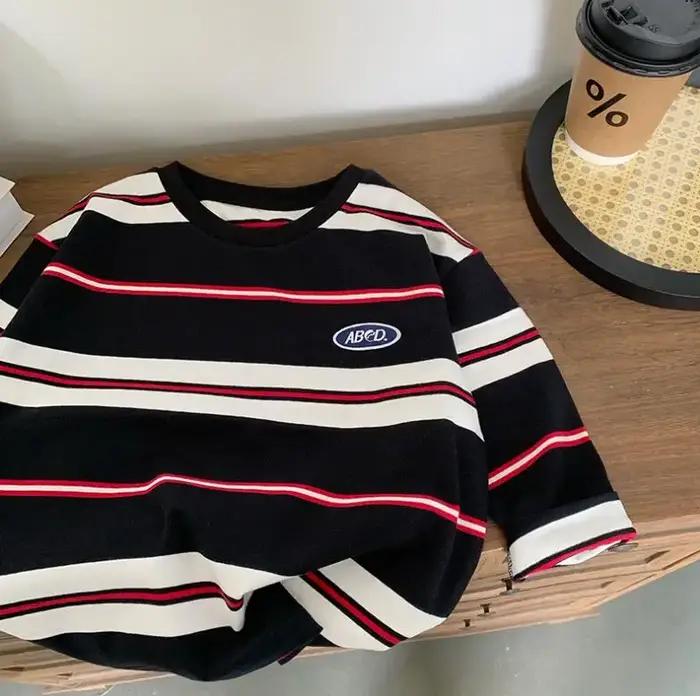 2025 automne enfants vêtements filles manches longues chemises à bascule Cool garçons rayure coton T-shirt adolescent