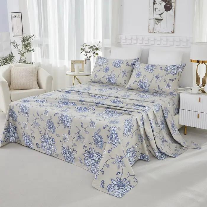 Ensemble de draps en coton égyptien 100% 600TC, 4 pièces, motif Paisley damassé bleu Boho, doux pour