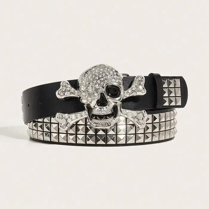 Ceinture à rivets et boucle tête de mort punk foncé pour hommes, 1 pièce, ceinture décorative polyva