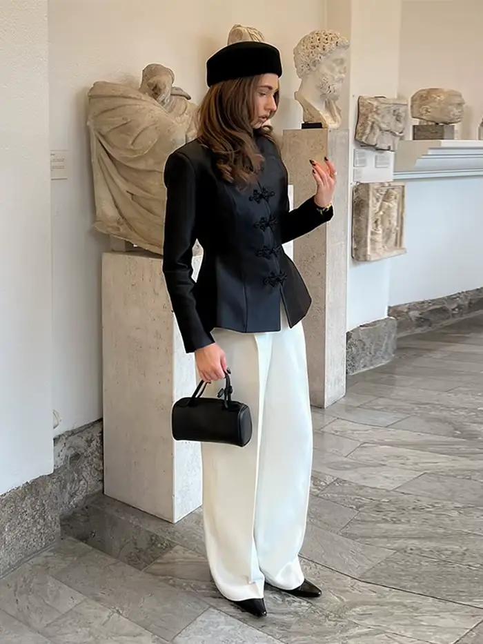 Veste élégante en satin à boutons grenouillère pour femme, col montant chinois, coupe ajustée, colle