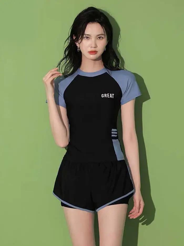 Mode femmes maillot de bain dames Patchwork à manches courtes maillots