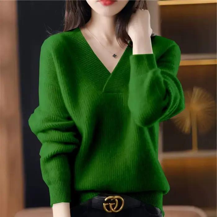 Pulls et pulls pour femmes, manches longues, col en v, couleur unie, décontracté, court, tricoté, no