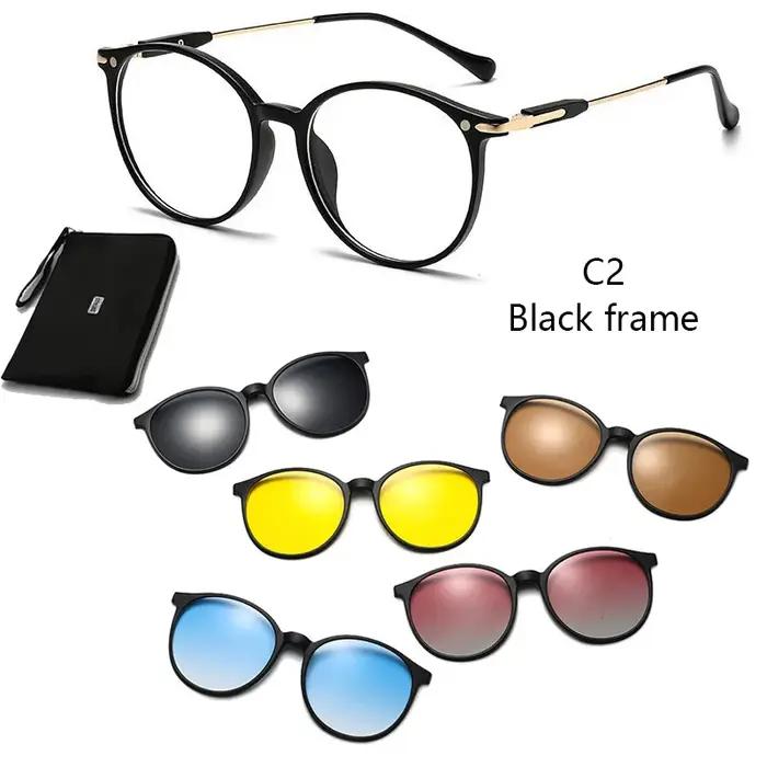 Lunettes de soleil à clip polarisées noires pour femmes, monture myopie TR90, aspiration magnétique, variété de clips pour sorties décontractées et occasions spéciales