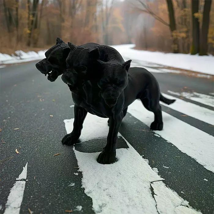 Statue de chien gothique à trois têtes