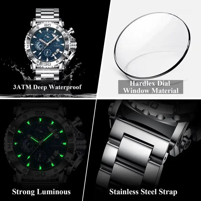 Montre POEDAGAR luxe pour homme - Chronographe étanche lumineux avec calendrier en acier inoxydable