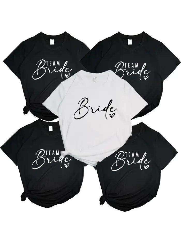 Evjf Hen Party Team Bride T-shirt pour femme, T-shirt de mariage pour fille, T-shirt en Y, Noir, Ros