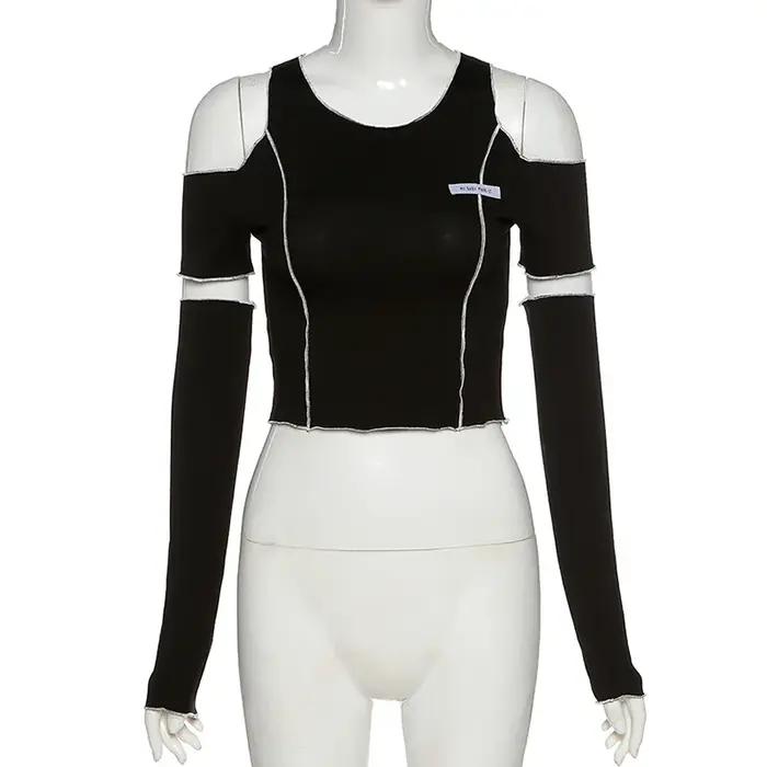 Patchwork noir T-shirts gothique Y2k haut court volants ourlet Hip Hop Techwear femmes T-shirts