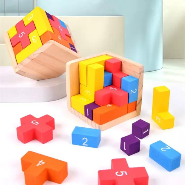 Puzzles en blocs de bois colorés, jouets de puzzle 3D classiques Luban Lock Cube, jeu intellectuel pour enfants et adultes