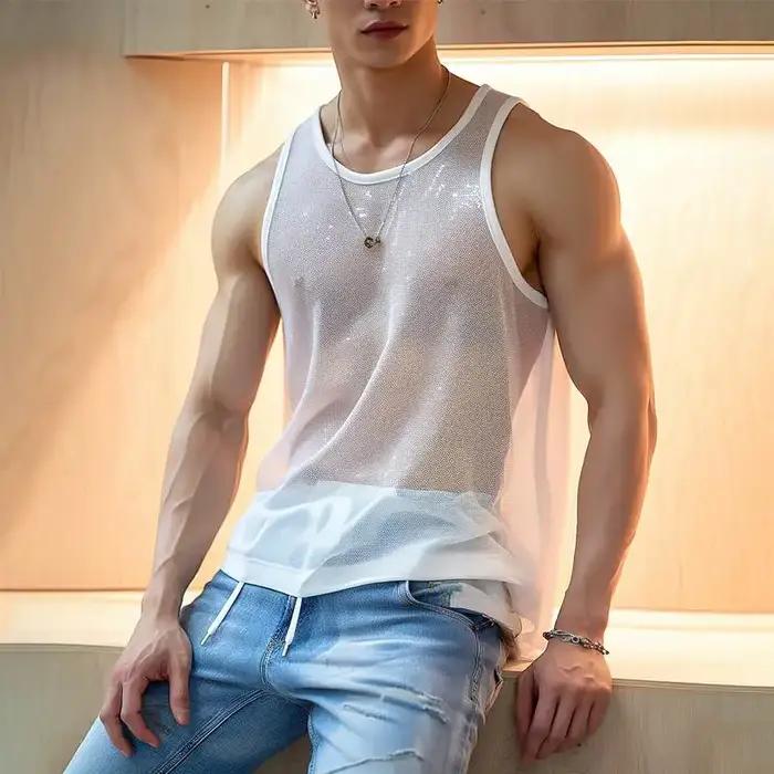 Débardeur transparent en tricot de luxe pour hommes, col rond, sans manches, maille, sexy, couleur unie, gilet respirant, vêtements de fête pour hommes, été