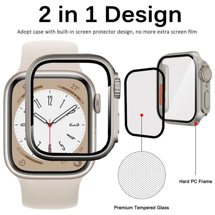 Verre trempé + coque pour Apple Watch 44mm 45mm 41mm 40mm - protection écran iWatch séries 9 8 7 SE 6 5 4