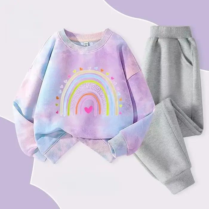Automne bébé fille cravate colorant vêtements ensemble dessin animé imprimé pull sweats haut et pant