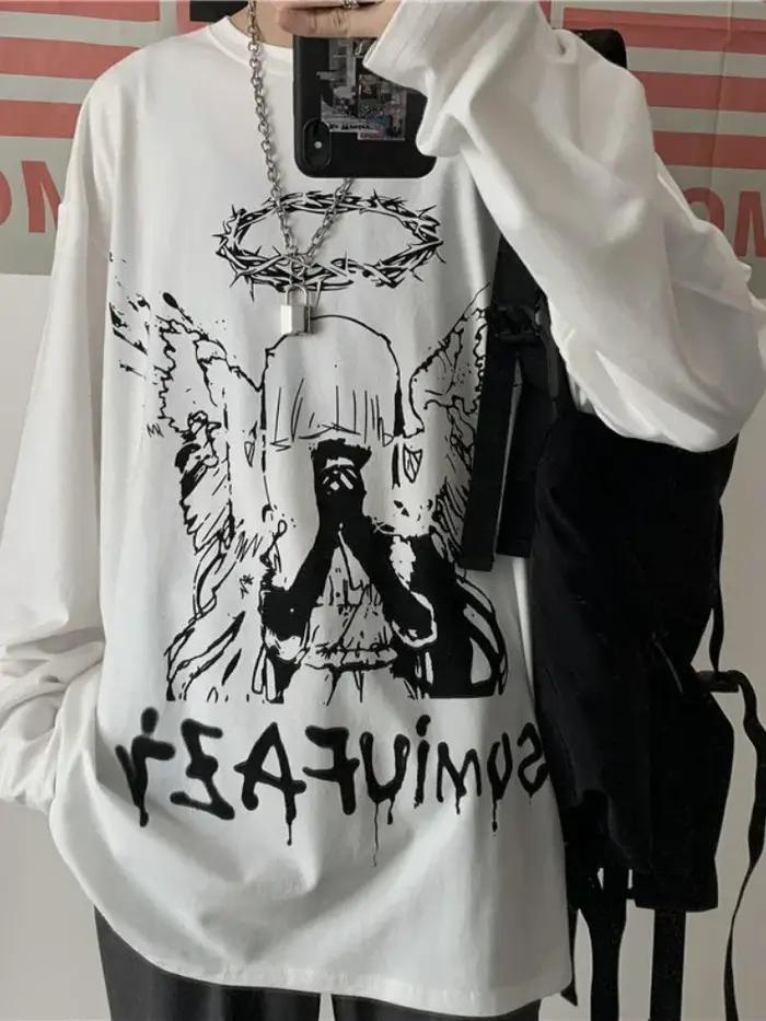 T-shirt pour hommes automne Y2k T-shirt Streetwear surdimensionné à manches longues Anime T-shirt Ha