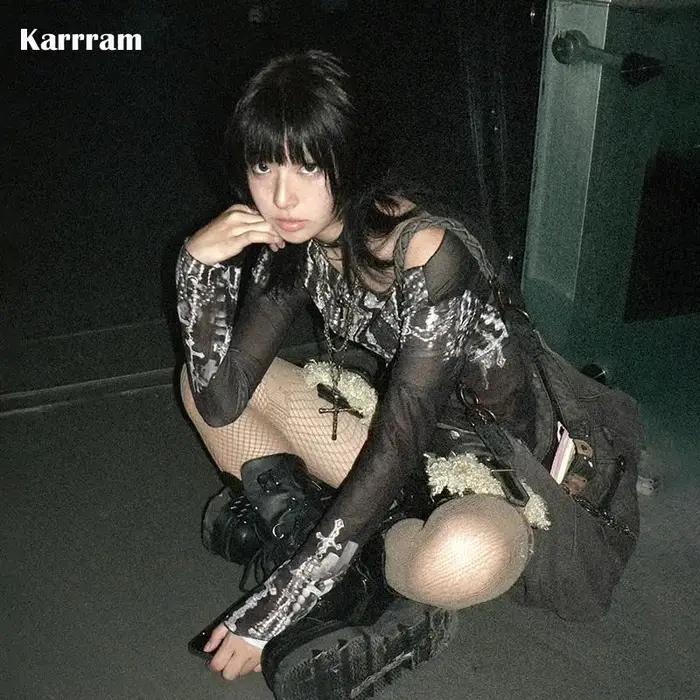 Karrram Grunge esthétique maille hauts japonais Y2k tatouage imprimé