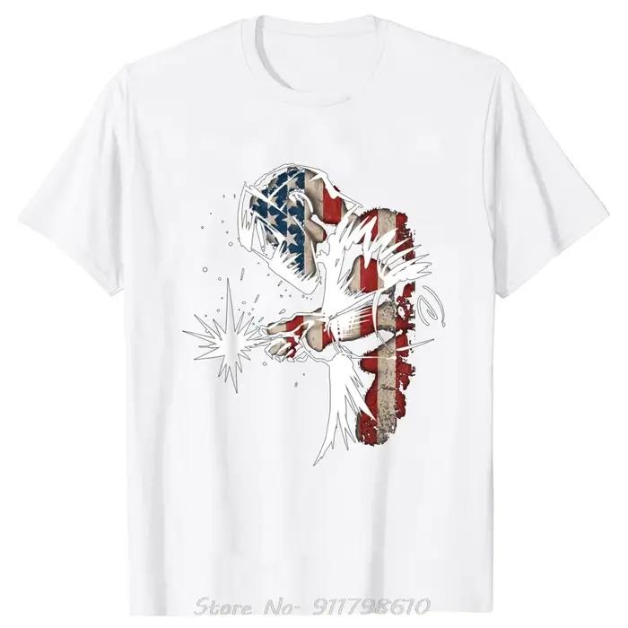 T-shirt Soudeur drapeau américain homme coton imprimé col rond décontracté léger et respirant pour tous les jours健身训练爱好者美国焊工旗帜男士圆领宽松棉质T恤日常穿着适合各种身材
