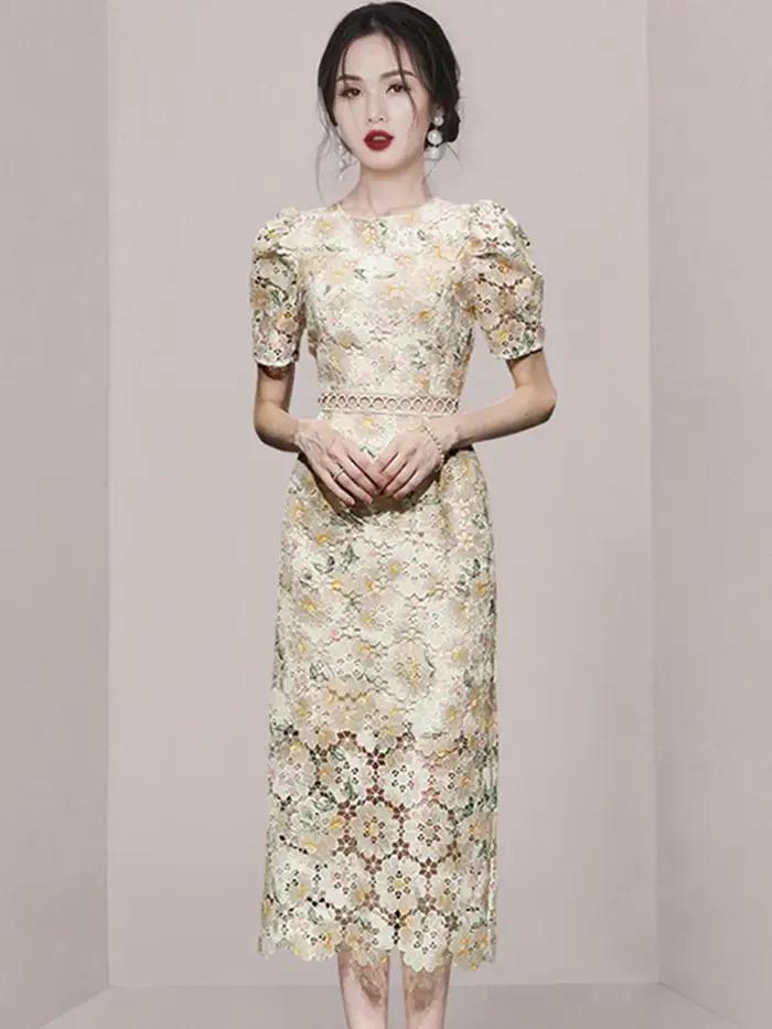 SMTHMA-Robe ajourée en dentelle brodée pour femme, manches courtes, vêtements féminins élégants, nou