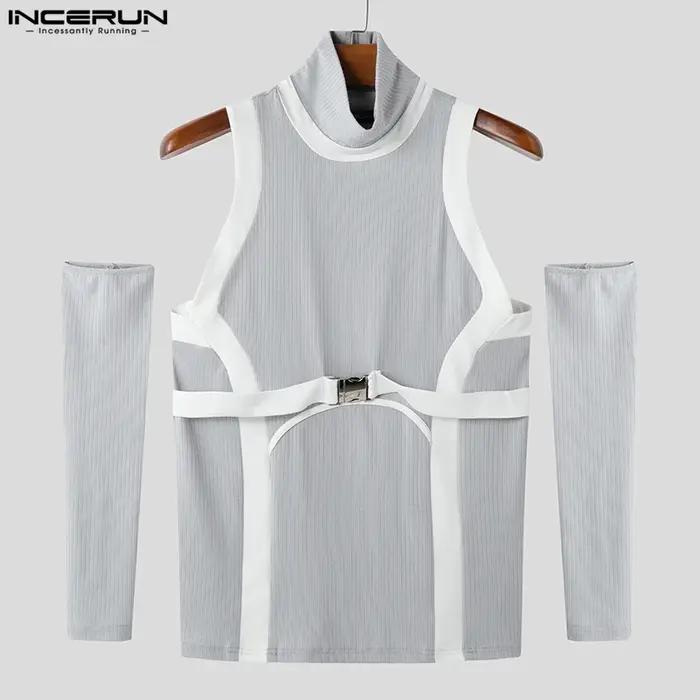 INCERUN hommes t-shirts Patchwork col roulé épaules dénudées à manches longues décontracté hommes vêtements Streetwear 2025 maigre Camisetas Sexy