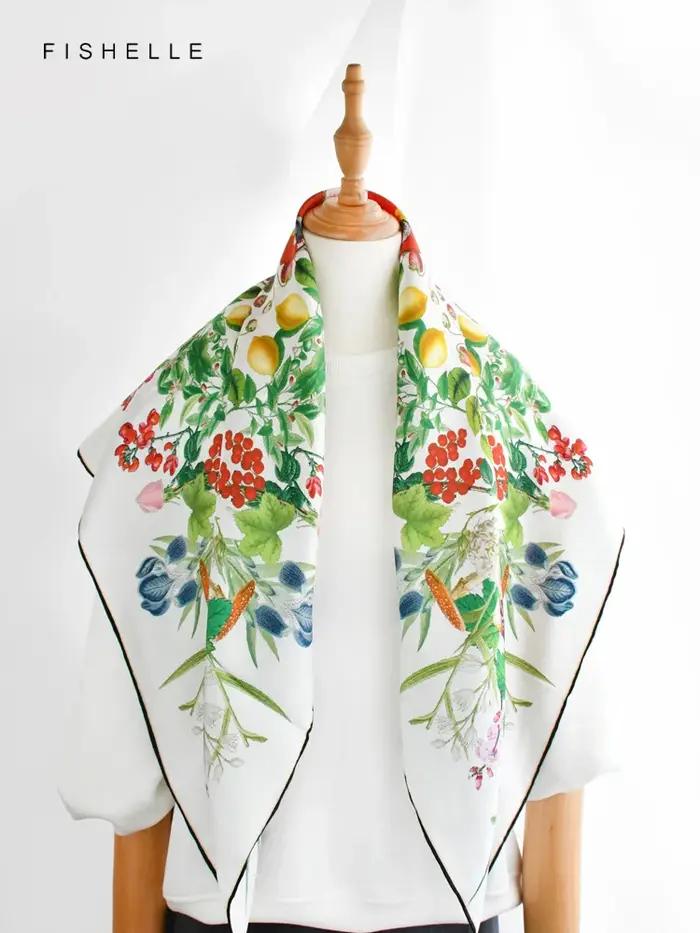 Foulard en soie naturelle sergé imprimé de fruits et fleurs pour femmes, carré, bandana, châle, cade