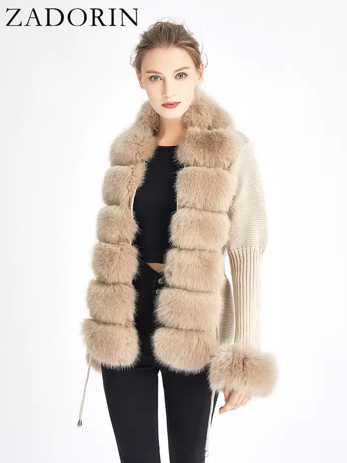 ZADORIN automne hiver femmes fausse fourrure manteau de luxe tricoté pull fourrure Cardigan col déta